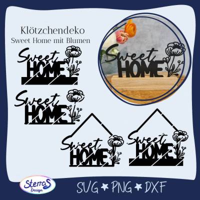 Sweet Home Plotterdatei mit Blume • Laserdatei SVG DXF PNG • Hausdeko • Datei mit Dach & Klötzchendeko