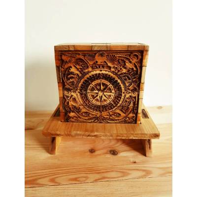 Lasergravierte Holzbox mit Kompass-Motiv – Deko oder Spardose im maritimen Vintage-Stil für Bastler & Maker