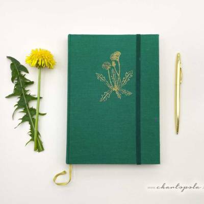 Notizbuch A5 mit Löwenzahn-Motiv – handgebundenes Kreativjournal aus Leinen, dotgrid, 96 Seiten