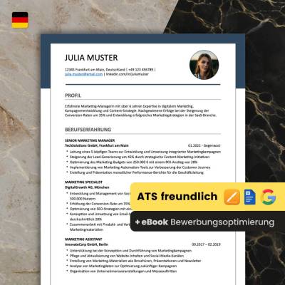 Lebenslauf Vorlage ATS optimiert + ChatGPT eBook | Bewerbungsschreiben Word, Pages, Google Docs Deutsch No.6 Duneklblau