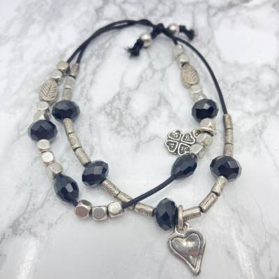Perlen Armband – Schwarz & Silber | Elastisch 2-Fach