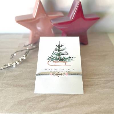 Filigran geknüpftes Armband in Grau mit Anker-Element in Silber, Glasschliffperlen in Rose, Weihnachtskarte