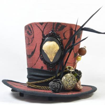 Mini-Hütchen - Steampunk Fascinator Taschenuhr Federn Vogelschädel-Kamee