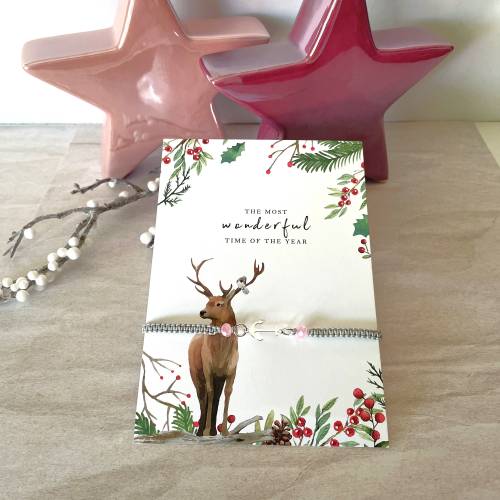 Filigran geknüpftes Armband in Grau mit Anker-Element in Silber, Glasschliffperlen in Rose, Weihnachtskarte