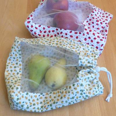 Zero Waste: Obst-Beutel, Brötchentüte mit Sichtfenster aus Biobaumwolle, Motiv Äpfel oder Erdbeeren