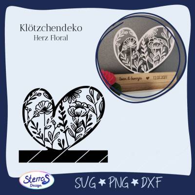 Klötzchendatei Herz floral • Plotterdatei SVG DXF PNG • filigranes Herzmotiv • romantische Laserdatei zum Aufstellen