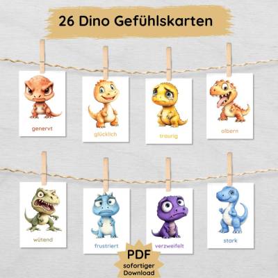 26 Dino Gefühlskarten für Kinder zum Ausdrucken, Dinosaurier Bildkarten Emotionen lernen