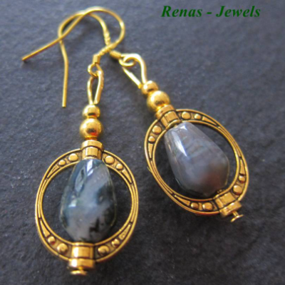 Edelstein Ohrhänger Moosachat Tropfen dunkelgrün – 925 Silber vergoldete Ohrhaken, goldfarben, handgefertigt