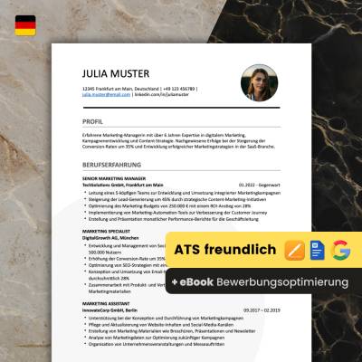 Lebenslauf Vorlage ATS optimiert + ChatGPT eBook | Bewerbungsschreiben Word, Pages, Google Docs Deutsch No.7 Schwarz