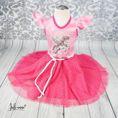 Tüll Drehkleid - Kleid mit Drehrock und Tüll Einhorn Pegasus rosa Pink #Einschulung