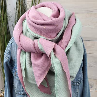 2 Musselintücher Altrose/Gold & Mint – Mix deine Tücher, Dreieckstuch & Musselinschal, einzeln tragbar, weich, für Herbst und Winter