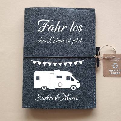 Personalisierter Filzumschlag Camping DIN A5 mit Campingmotiv