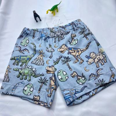 Kindershorts aus Jersey – Größe 110/116 – Hellblau mit Roboter-Dinos