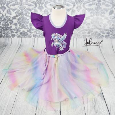Tüll Drehkleid - Kleid mit Drehrock und Tüll Einhorn Pegasus Lila #Einschulung