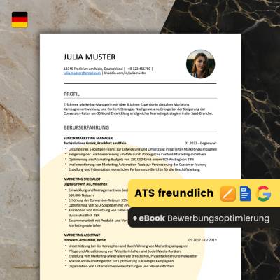 Lebenslauf Vorlage ATS optimiert + ChatGPT eBook | Bewerbungsschreiben Word, Pages, Google Docs Deutsch No.7 Rose