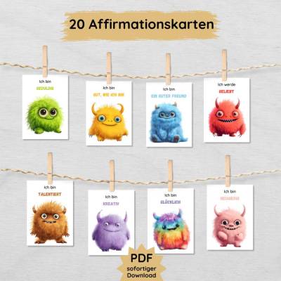 Monster Affirmationen für Kinder, 20 Affirmationskarten zum Ausdrucken, Selbstvertrauen stärken
