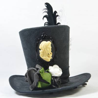 Mini-Hütchen - Gothic Fascinator Hochzeit Kamee Rosen Federn