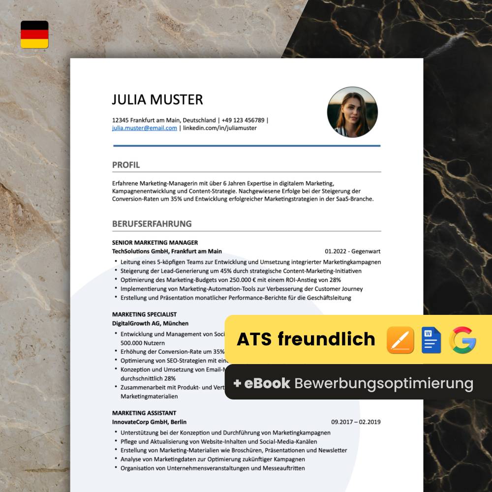 Lebenslauf Vorlage ATS optimiert + ChatGPT eBook | Bewerbungsschreiben Word, Pages, Google Docs Deutsch No.7 Blau Bild 1