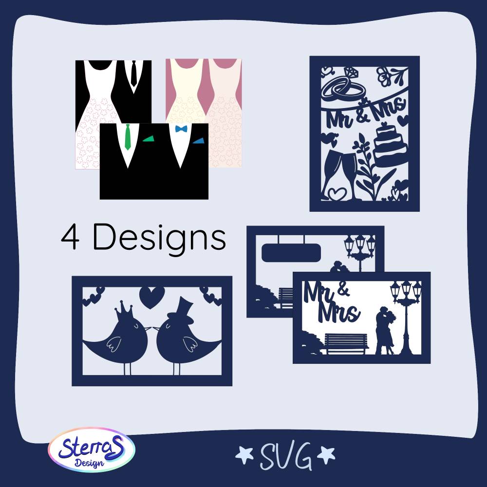Plotterdateien Hochzeitskarten – Bundle mit 4 romantischen Kartenmotiven: Vogel, Kleid & Anzug, Mr & Mrs, Liebespaar – S Bild 1