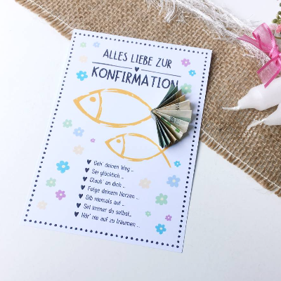 Druckvorlage Geldgeschenk - zur Konfirmation - Glückwunschkarte - Konfirmationskarte - Gratulation - Fischmotiv