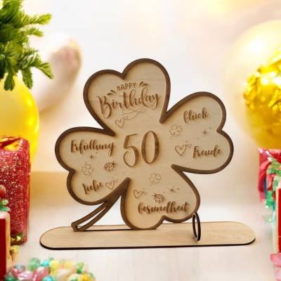 Glücksklee aus Holz - Happy Birthday