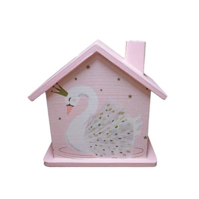 Spardose Haus aus Holz mit Schwan personalisiert 15 x 8 x 14,5 cm