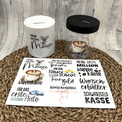 Rub-On, SPARDOSEN-SPRÜCHE, randlos, A5, bunt, Rubon, Rub Ons, z.B. f. Raysin / Keraflott, Sparbüchse, Spardose. etc.