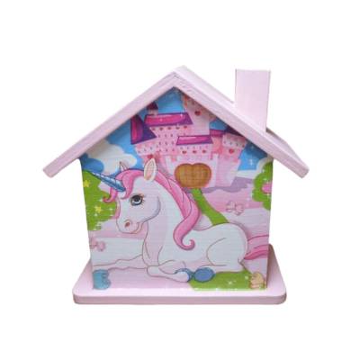 Spardose Haus aus Holz mit Einhorn personalisiert 15 x 8 x 14,5 cm