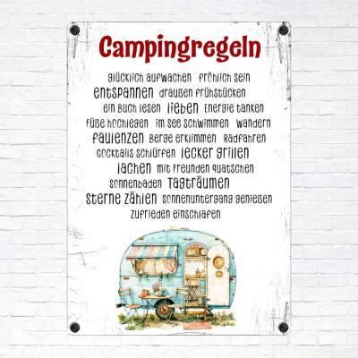 Camping Dekoschild 'Campingregeln', UV-beständiges Blechschild, Wandschild