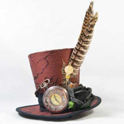 Mini-Hütchen - Steampunk Fascinator Taschenuhr Federn Rosen Brokat