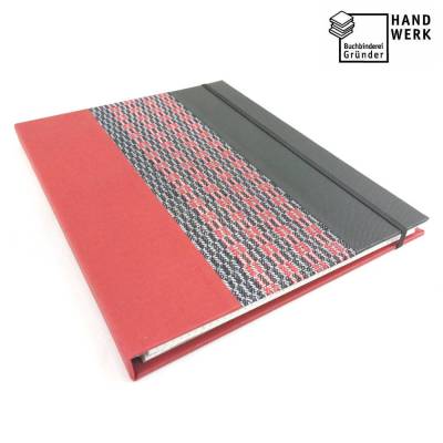 Mappe mit DIN A4 Collegeblock, Spiralblock austauschbar, hellrot schwarz, Grubentuch, handgefertigt