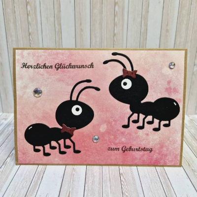 Karte zum Geburtstag mit Ameisen – handgemacht, 14,7 x 10,3 cm, Kraftpapier, Umschlag & Einlegeblatt