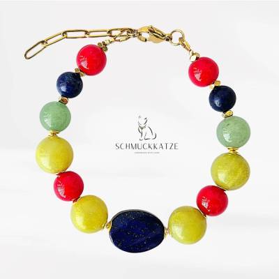 Armband aus Edelsteinmix für Damen – Einzigartige Kombination natürlicher Steine Jade-Lapis Lazuli - Koralle - Aventurin
