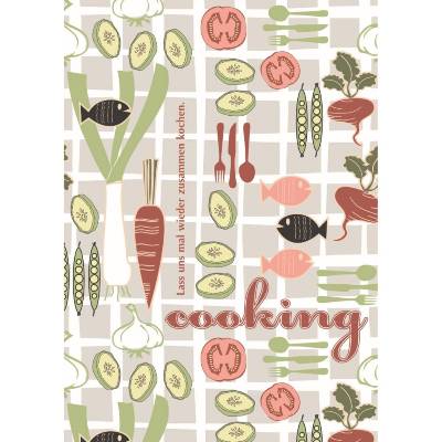 Postkarte Cooking, Lass uns mal wieder zusammen kochen, Küchen-Design mit Fisch und Gemüse im Retro-Stil