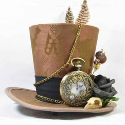 Mini-Hütchen - Steampunk Fascinator Taschenuhr Federn Vogelschädel Rosen