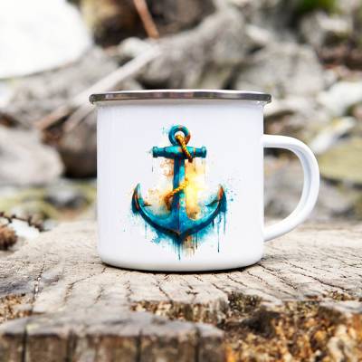 Camping Emaille Tasse ANKER, Campingbecher, Geschenk für Camper