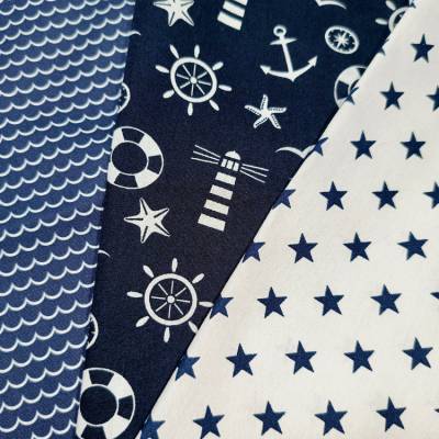 3 Taschentücher, maritim, ca. 25cm x 25cm, SERO WASTE, Baumwolle, Rollsaum, blau, weiß