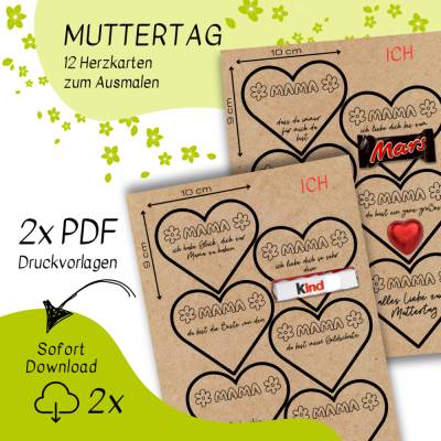 Druckvorlage Muttertag - 12 Karten zum Ausmalen - Muttertagskarte - Herzen - Geschenkkarte - ausdrucken - Ausmalbild