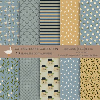 Cottage Goose Collection: 10 hand drawn Seamless Patterns for Scrapbooking and Sublimation, Paper Crafts