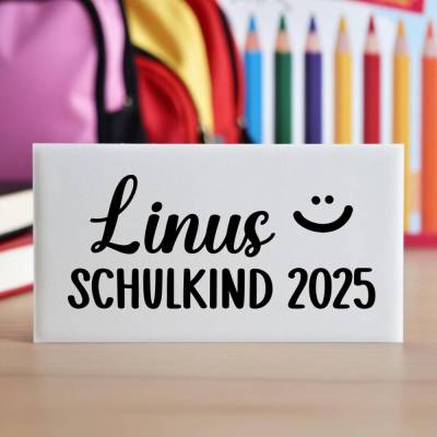 Bügelbild „Schulkind 2025“ – mit Wunschname & Smile | Plott | Schulanfang