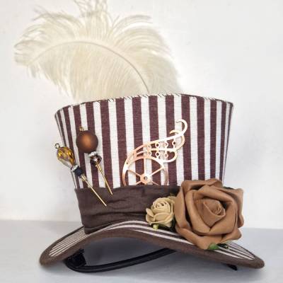 Mini-Hütchen - Steampunk Fascinator Hochzeit Rosen Federn Streifen
