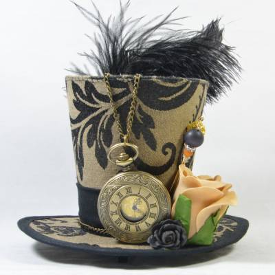 Mini-Hütchen - Steampunk Fascinator Taschenuhr Rosen Federn Brokat