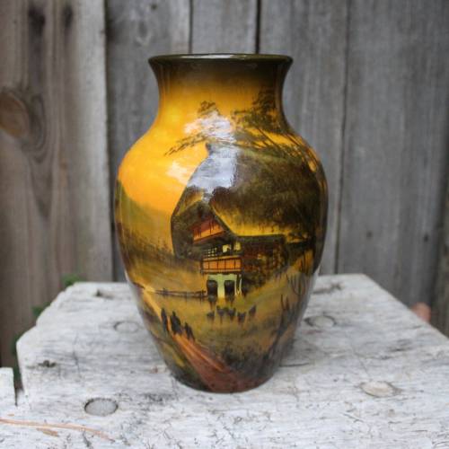 uralte Majolika Vase Schwarzwaldhaus Handbemalt Schramberg Keramik 20er 30er Jahre