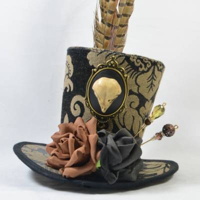 Mini-Hütchen - Steampunk Fascinator Vogelschädel-Kamee Rosen Federn Brokat