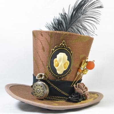 Mini-Hütchen - Steampunk Fascinator Fledermaus-Kamee Taschenuhr Federn Brokat