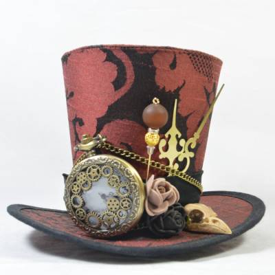 Mini-Hütchen - Steampunk Fascinator Vogelschädel Taschenuhr Zeiger Brokat