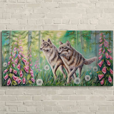 Wölfe auf der Fingerhutlichtung Originalgemälde – Acryl auf Leinwand – 140 × 70 cm