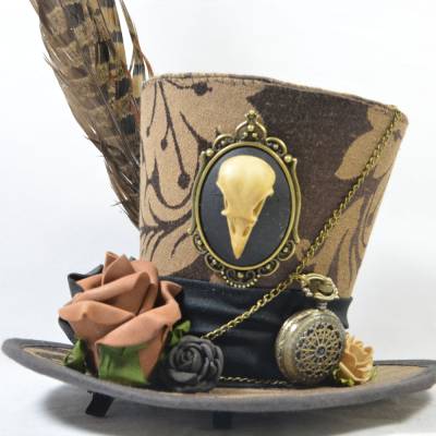 Mini-Hütchen - Steampunk Fascinator Vogelschädel-Kamee Rosen Taschenuhr Brokat
