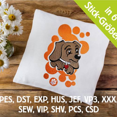 Stickdatei Hund Strolch in 6 Größen, Maschinenstickerei, Stickmuster mit Hunde Pfoten Motiv