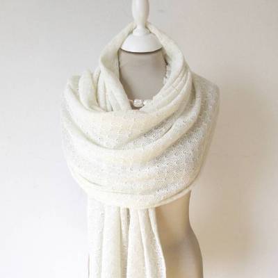 Hochzeitsstola ivory aus Wolle Seide und Kaschmir mit transparenten Pailletten, Brautschal aus reiner Naturfaser
